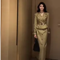 【午茶小调】气质时尚网红双排扣风衣外套加半身裙两件套8024款