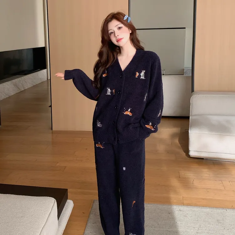 【彩色狗狗】秋冬新品软绵绵可爱卡通刺绣保暖家居服加绒加厚款睡衣