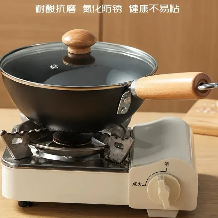 0涂层手作捶打锤纹带玻璃盖木把手24cm极铁小炒锅ml