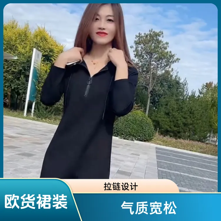 25秋冬新款爆单连帽连衣裙时尚百搭休闲遮肉显瘦长袖半拉链修身裙