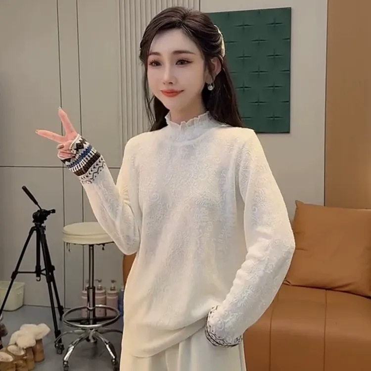 气质蕾丝半高领拼接撞色长袖上衣2025秋冬季新款可外穿打底针织衫