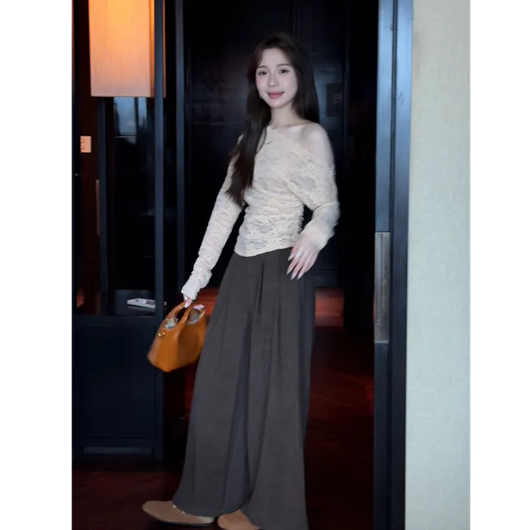 YPP！【浪漫美学】新款韩版显高显瘦腰头蕾丝拼接阔腿休闲裤西裤