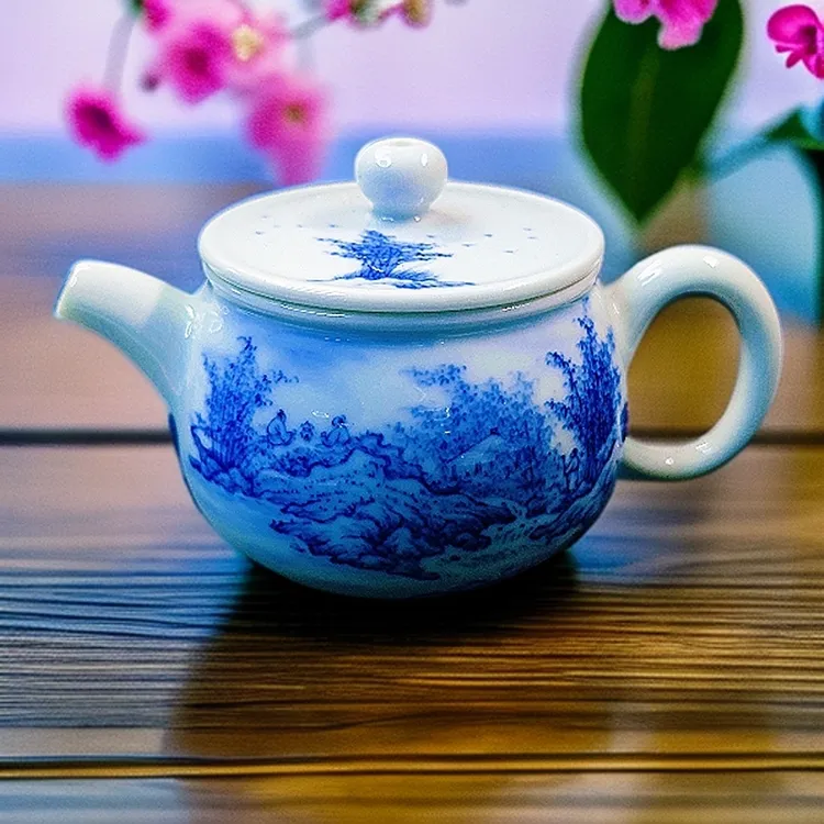 【纯手工手绘】景德镇亦陶斋张平-青花山水壶