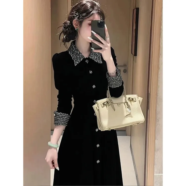 法式小香风黑色翻领收腰连衣裙女2025秋冬新款高级感气质a字长裙