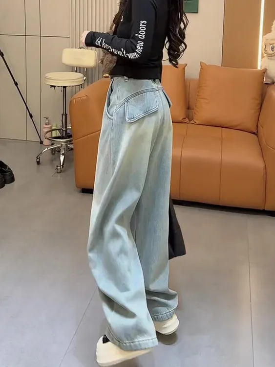 冬季新款美式时尚加绒中线后斜兜设计休闲百搭显瘦高腰弯刀牛仔裤