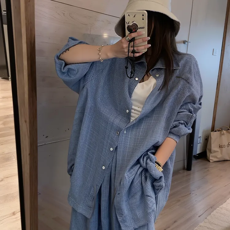 初秋松弛感蓝色两件套装显瘦宽松长袖衬衫阔腿裤配发圈CSKJS01384