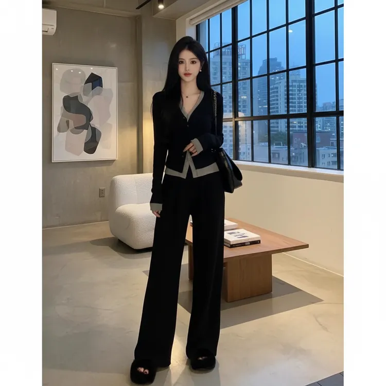 大码女装秋季时尚洋气减龄遮肉显瘦套装阔腿裤两件套mm