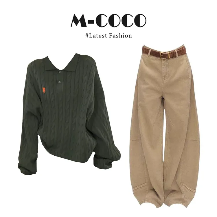 INS CEC早秋美式复古polo领麻花长袖针织衫毛衣直筒牛仔裤套装