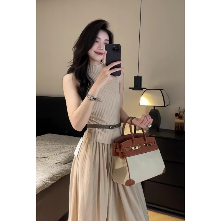 夏季纯欲风半高领无袖气质背心女搭配夏季韩版时尚半身裙两件套