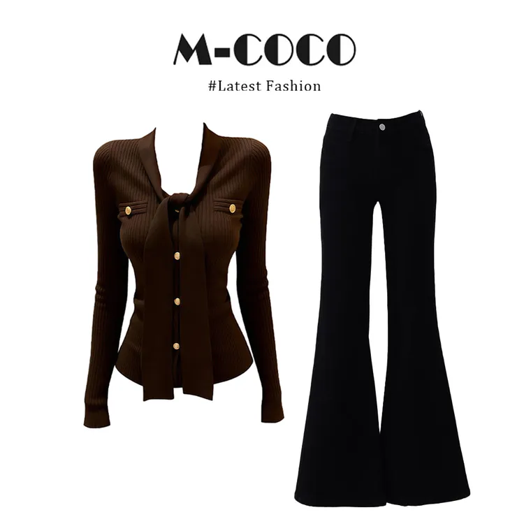 法式复古咖色V领系带针织衫毛衣秋冬显瘦微喇裤套装