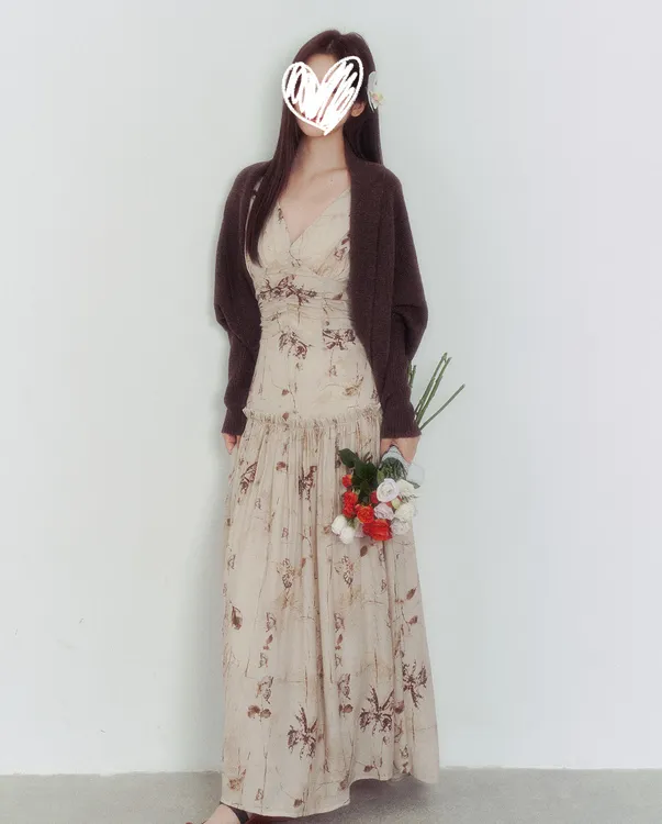 早秋慵懒风温柔穿搭连衣裙套装无袖碎花裙子开衫两件套女装00179