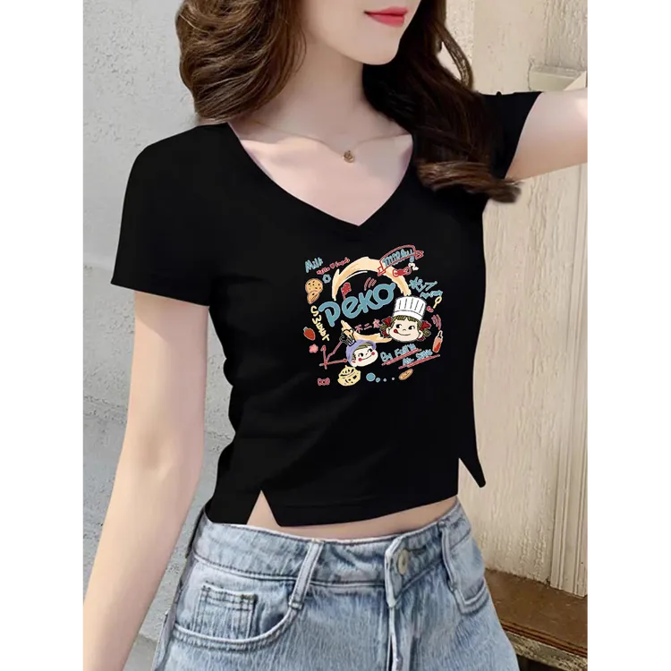 短袖v领t恤女夏季小众露脐新款洋气开叉短款辣妹时尚女装上衣