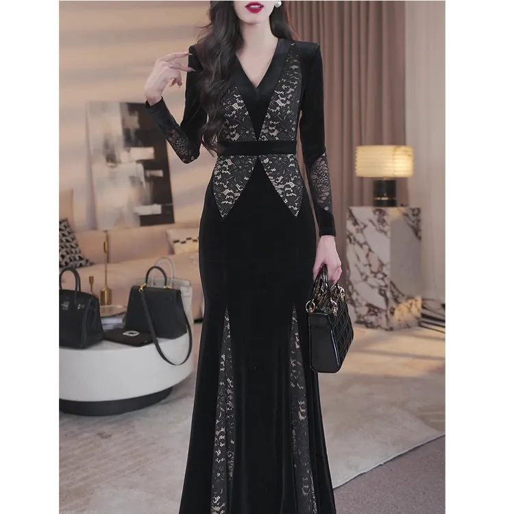 2025春秋季新款性感蕾丝气质修身连衣裙长袖拼接收腰显瘦鱼尾长裙