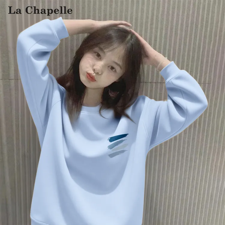 拉夏贝尔ins风蓝色圆领卫衣女款爆款2025新款长袖外套早秋上衣服