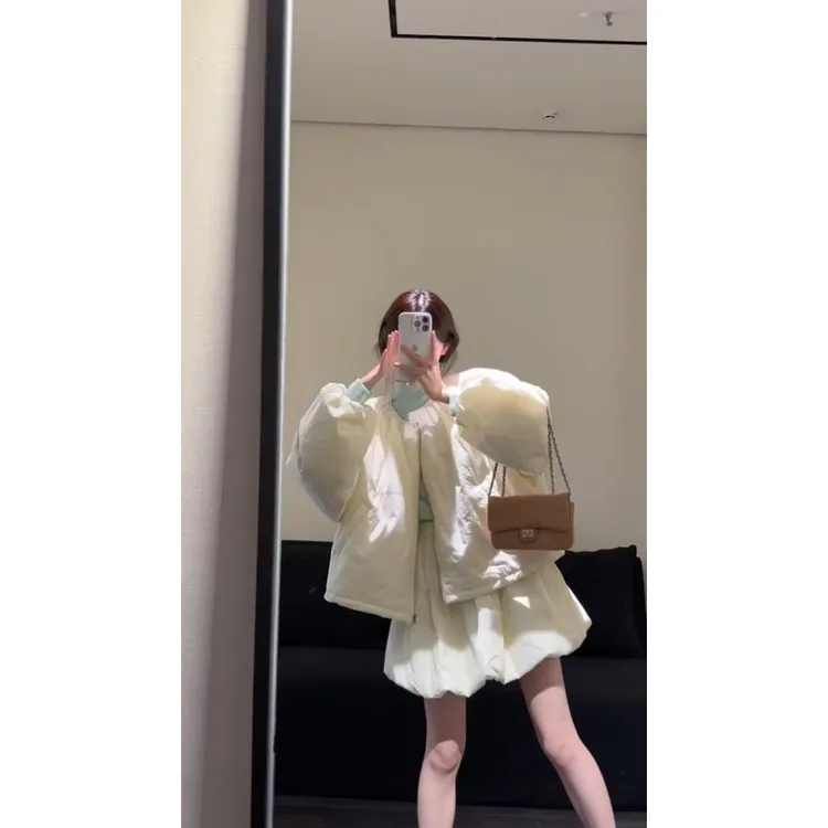 2025秋季新款女法式气质宽松圆领长袖棉服外套高腰显瘦花苞半身裙