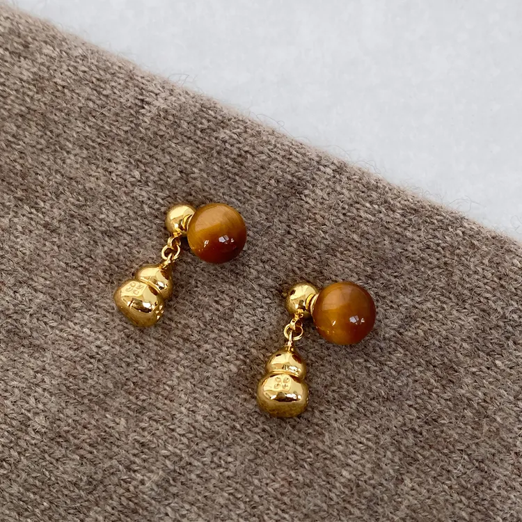 铜合金耳饰  925银针金属虎眼石复古秋冬美拉德新中式葫芦耳环女