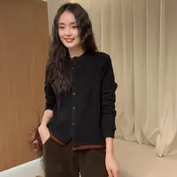 6179-圆领长袖拼色简约毛针织衫女装百搭衬衫休闲