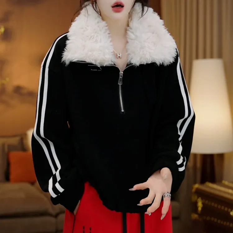 撞色线拼接半开领长袖卫衣女2025秋冬新款时尚宽松百搭毛毛领上衣