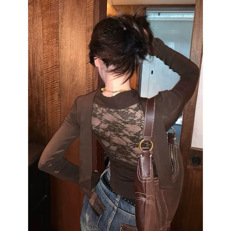 曼曼【露背美学~】 后背蕾丝镂空加绒长袖T恤女3859#