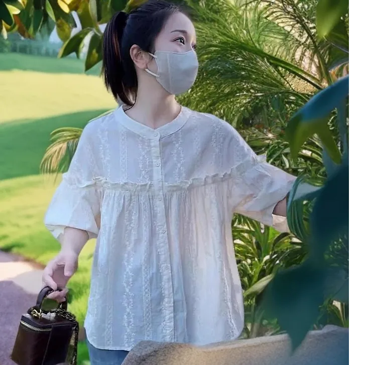 宽松百搭显瘦减龄立领上衣别致娃娃衫衬衫今年流行遮肚子小衫洋气