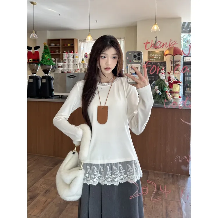 [现货+运费险】白色蕾丝花边正肩长袖t恤女秋冬新款设计感内搭打底