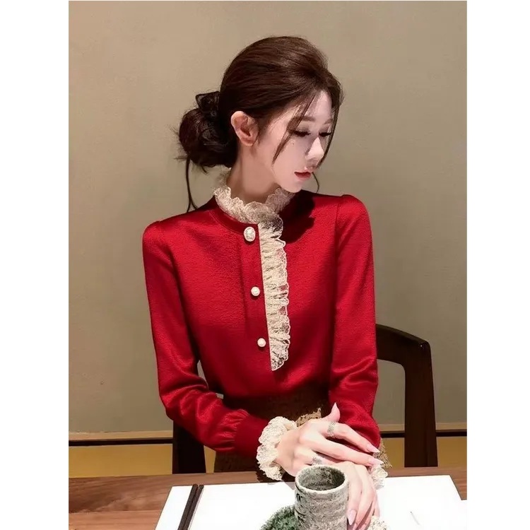 圣诞新年红色衬衫女秋冬高级感轻奢减龄洋气独特别致法式小资上衣