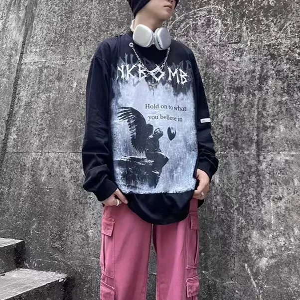 暗黑系高街印花潮牌项链男长袖T恤美式复古男女宽松百搭街头603