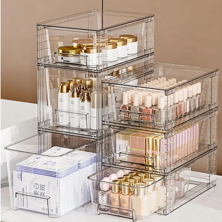 透明抽屉式收纳盒化妆品大容量桌面整理盒高颜值放零食杂物储物箱