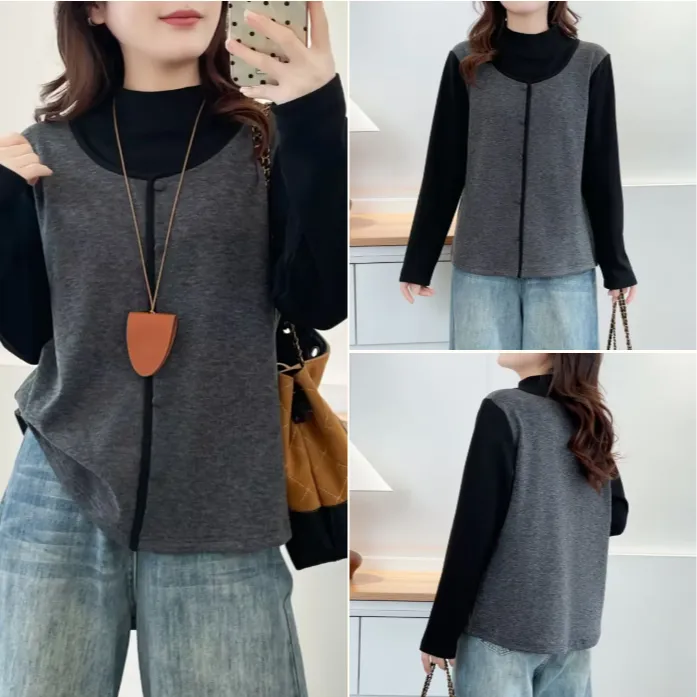 大码胖mm减龄假两件打底衫卫衣女秋冬新款加绒保暖百搭T恤上衣202