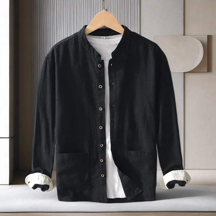 秋季新款苎麻长袖男士衬衫新中式立领亚麻国潮休闲复古文艺轻奢