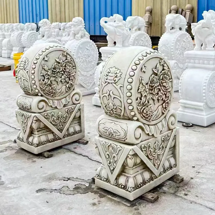 石雕门墩抱鼓石一对汉白玉狮子看门护宅家用仿古青石摆件石墩石鼓