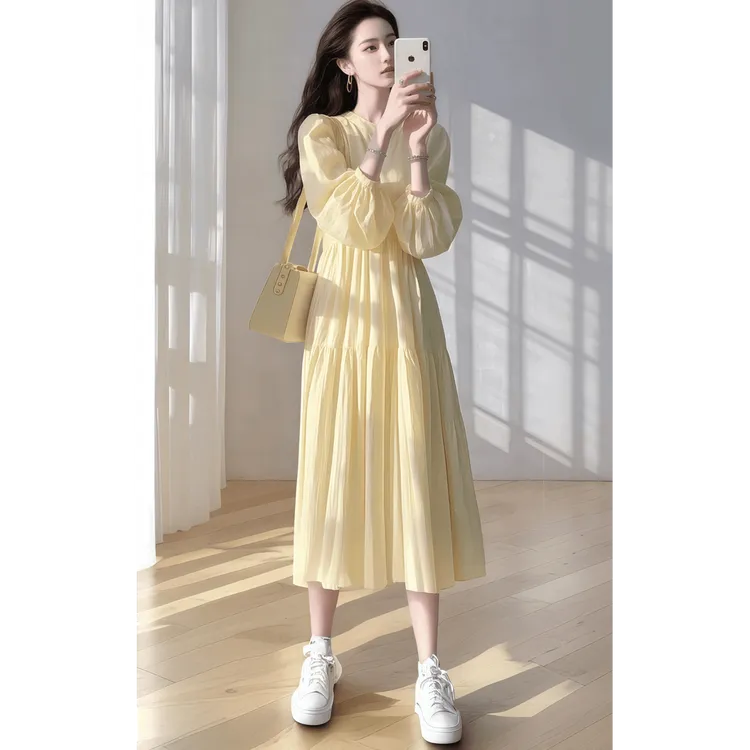 新款法式仙女超好看黄色宽松连衣裙女2025早春气质时尚显瘦长裙子