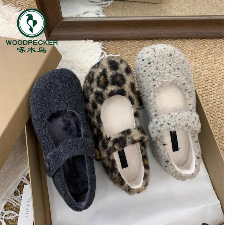 啄木鸟内增高豹纹加绒保暖棉鞋女冬新款玛丽珍毛毛鞋子厚底勃肯鞋