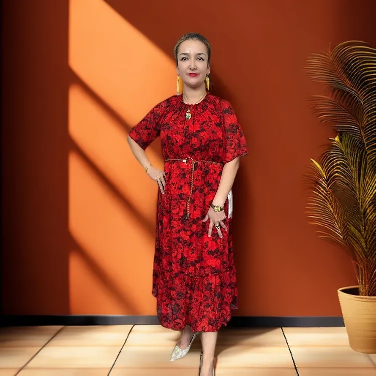 宽松设计师长裙红色短袖休闲中长裙连衣裙گۈللۈك كۆينەك