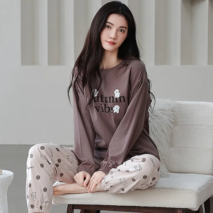 新款100%纯棉加厚秋冬保暖长袖睡衣女可外穿百搭简约风纯棉家居服