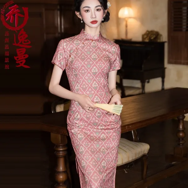 中式新款小清新年轻款旗袍复古修身丝麻长款日常低开叉旗袍裙115