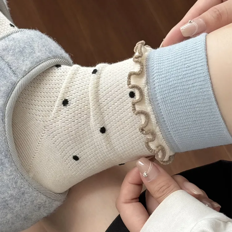 复古波点花边袜子女吸汗网眼透气学院风奶油色夏季薄款中筒袜