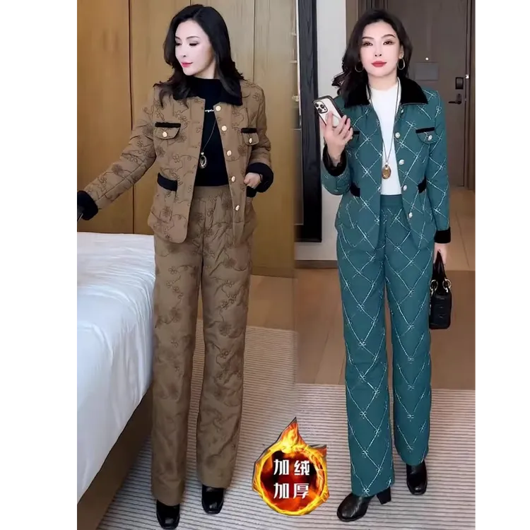 加绒加厚时尚套装女2025冬季新款洋气小香风棉衣外套阔腿裤两件套