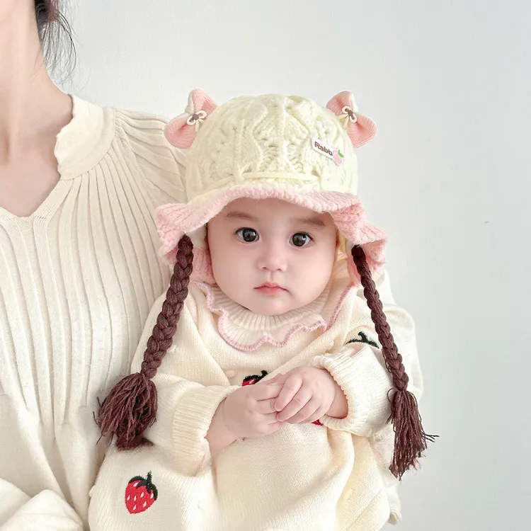 婴儿帽子秋冬季护耳帽婴幼儿女宝宝假发鞭子针织帽可爱甜美毛线帽