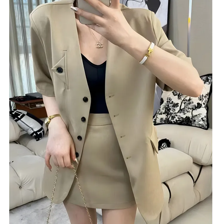 薄款洋气短袖西装套装女夏季新款感V领西装＋半身裙两件套