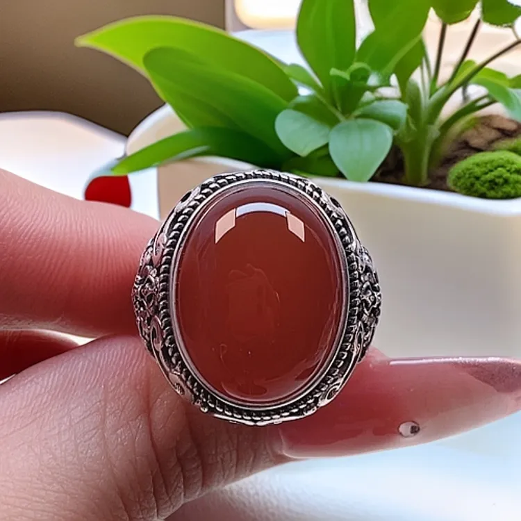 S925银镶嵌天然红玛瑙复古如意红红火火