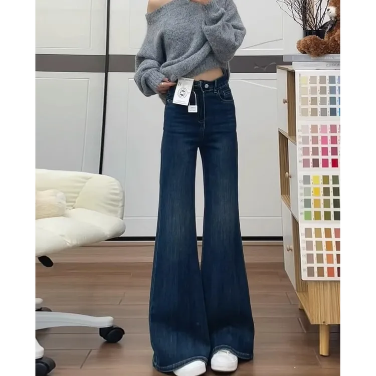 小个子秋冬加绒不贴腿微喇牛仔裤女复古蓝高腰显瘦阔腿垂感拖地裤