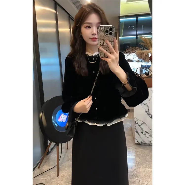 一整套秋冬穿搭小衫灯笼袖金丝绒短款衬衫长袖磨毛半身裙两件套装