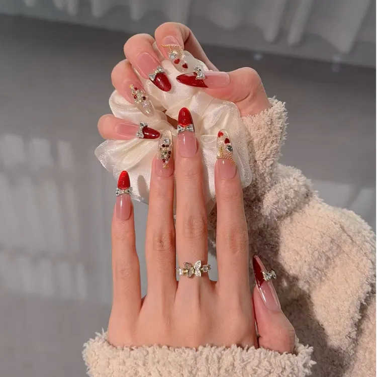 【红色圣诞】爱心法式猫眼显白纯手工穿戴甲长款设计气质优雅