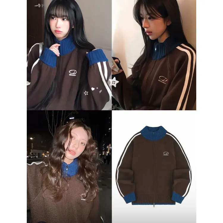 美式复古幽灵立领拼色毛衣外套设计感休闲百搭开衫上衣Z 9762#