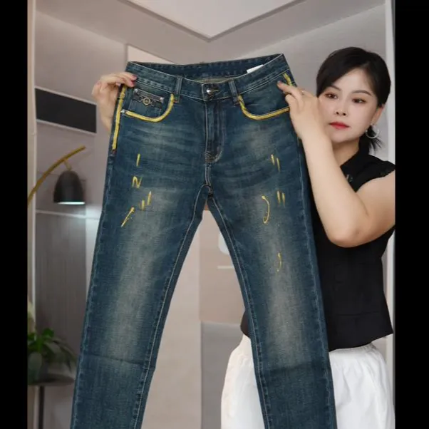 秋冬蓝色手绘工艺男士修身小直筒牛仔裤百搭韩版时尚潮流男装裤子