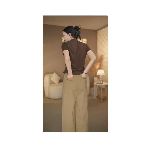 奢适莱赛尔棉卡其色阔腿裤女2025秋季高腰显瘦宽松直筒休闲长裤子