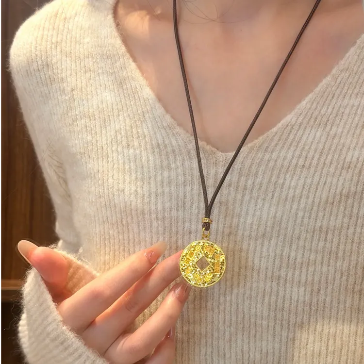 铜合金项链 新中式爆闪碎碎冰平安扣毛衣链暴富吉言钱币吊坠项链