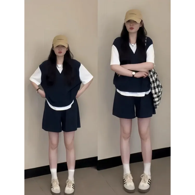 孕妇装孕妇装2025夏孕妇针织冰丝休闲运动套装假两件阔腿短托腹裤