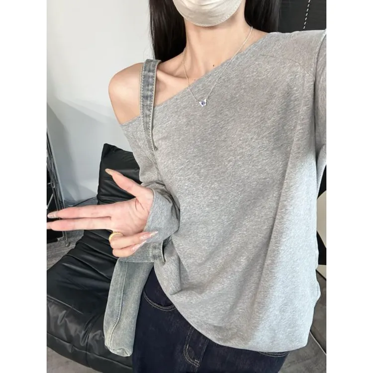 HONG JIA LIN/虹嘉琳一字肩性感纯欲斜肩显瘦宽松气质大码长袖T恤